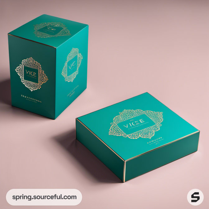 Teal boxes with gold detailing on pink surface.