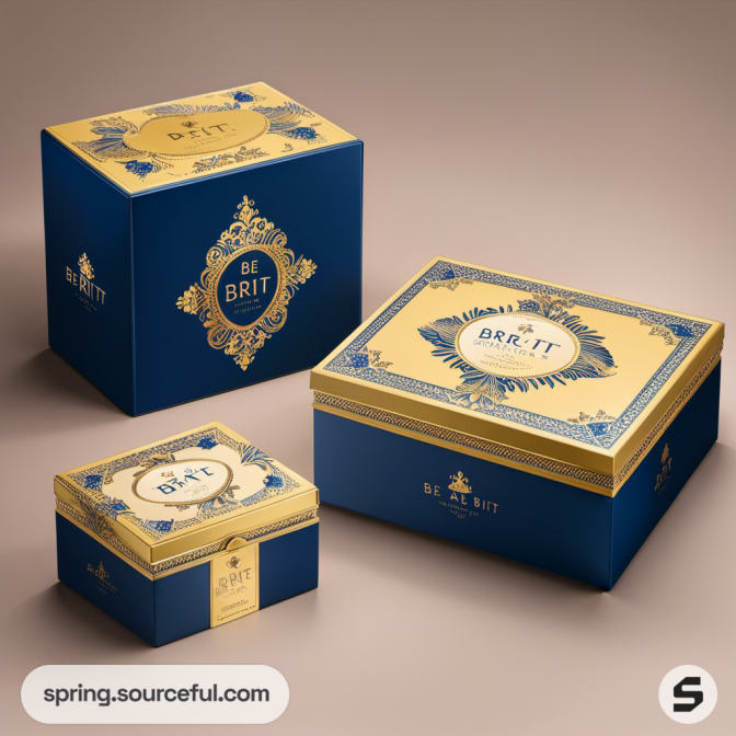 Stacked blue and gold boxes with intricate designs on a beige surface.