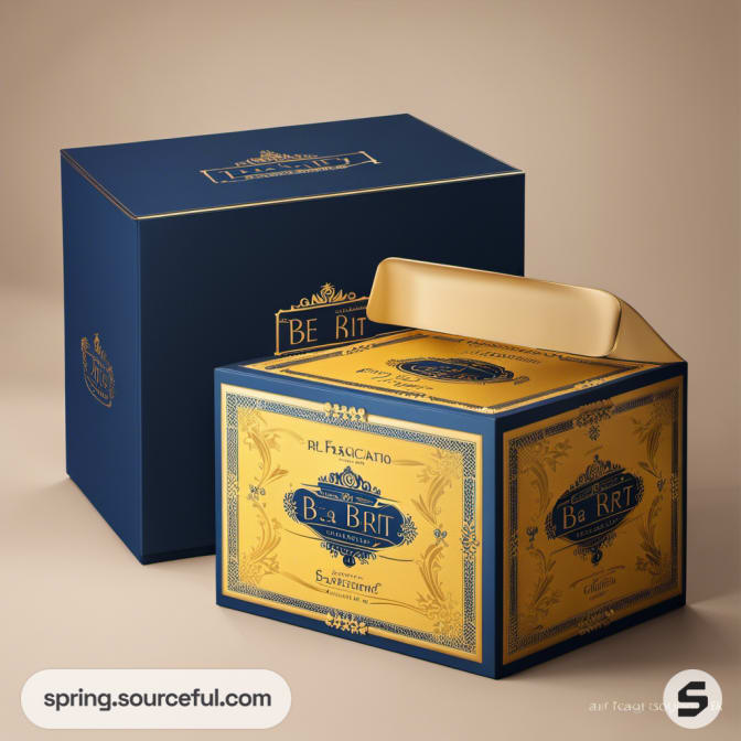 Blue square boxes with ornate gold designs and text.