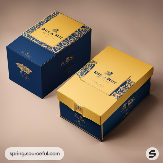 Two detailed blue and gold gift boxes on a neutral surface.