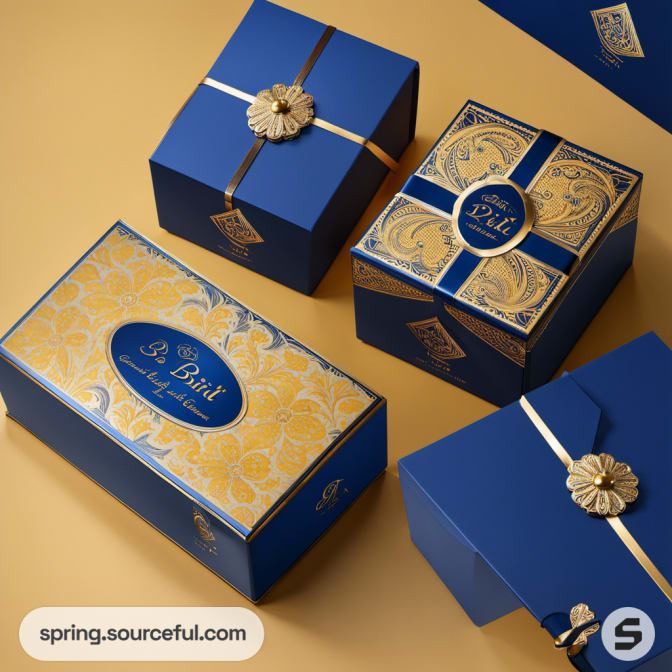 Elegant blue and gold gift boxes with ribbon embellishments.