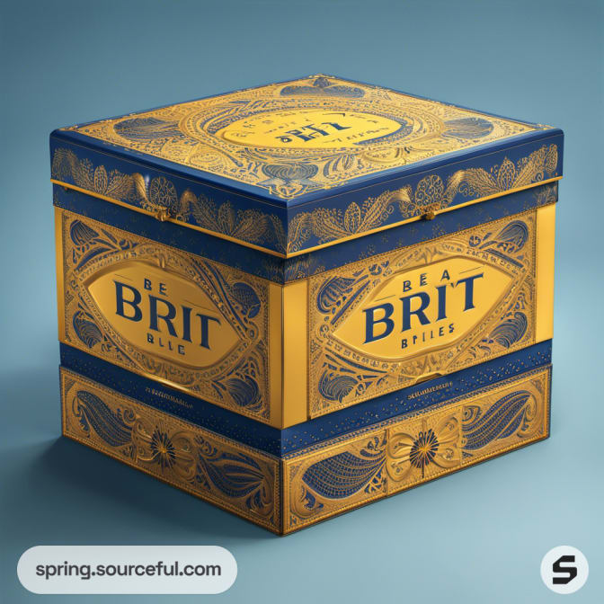 Ornate cubic box in blue and gold with detailed patterns.