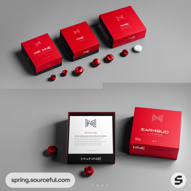 Variety of red earbud boxes, some open showing contents.