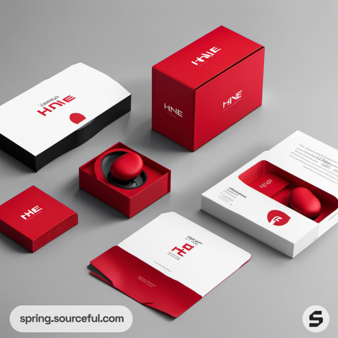 Red and white earbud box with various packaging items.