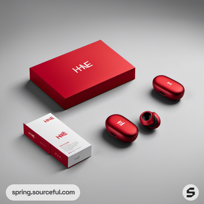 Red earbud set with flat and vertical packaging.