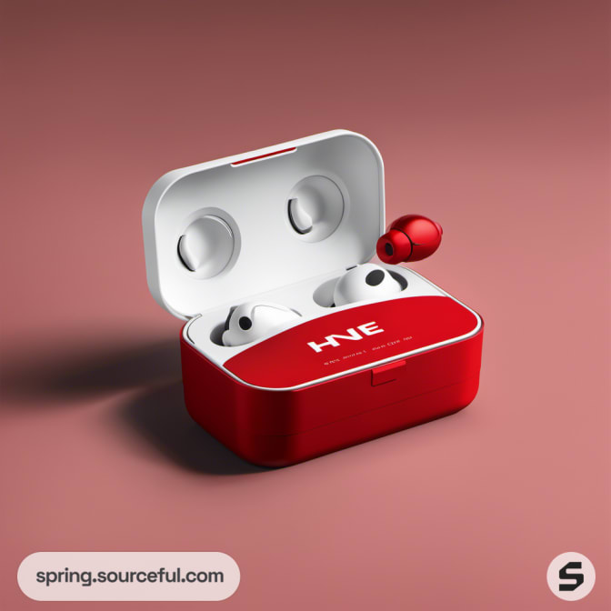 Open red earbud case with white earbuds, on a pink surface.