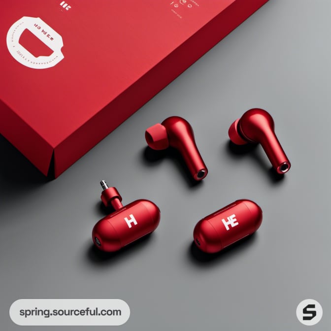 Red earbuds and packaging lying on a gray surface.