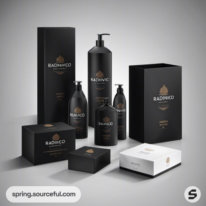 Assorted black and white packaging with gold branding for beauty products