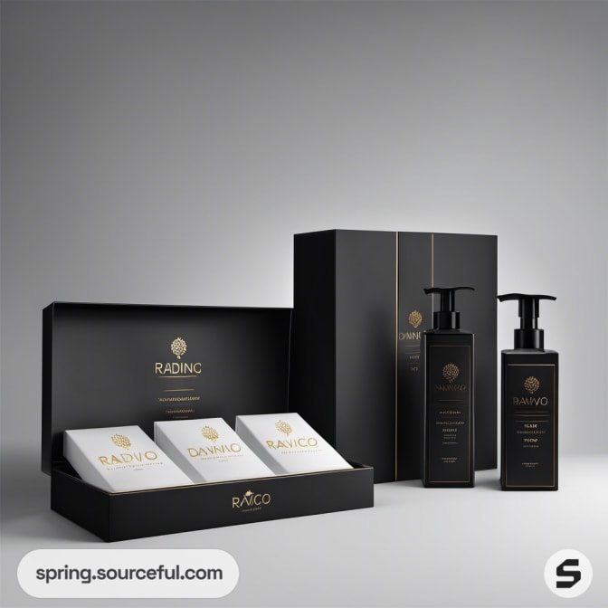 Luxurious gift set with black bottles and white boxed items