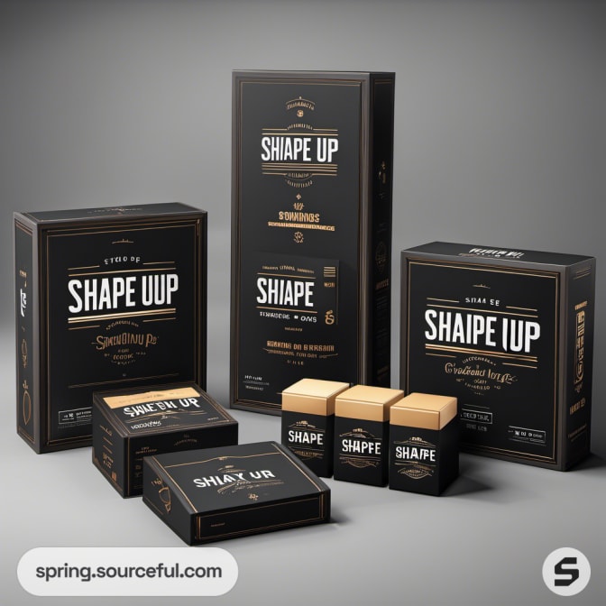 Black cardboard boxes with 'Shape Up' branding in gold lettering.