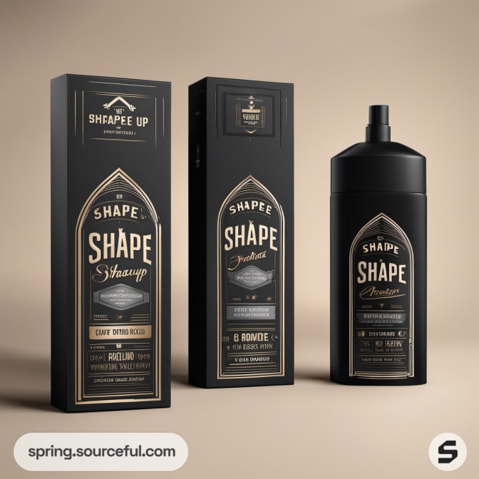Black packaging for shampoo and fragrance with 'Shape Up' branding.
