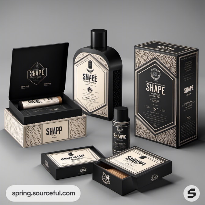 Assorted black and beige personal care packaging with 'Shape Up' labels.
