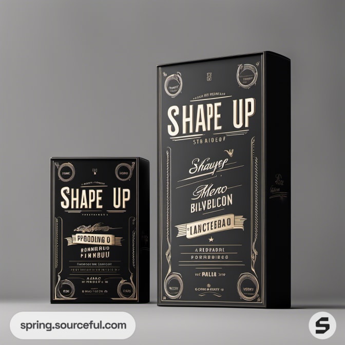 Tall black boxes with elegant 'Shape Up' branding in white lettering.