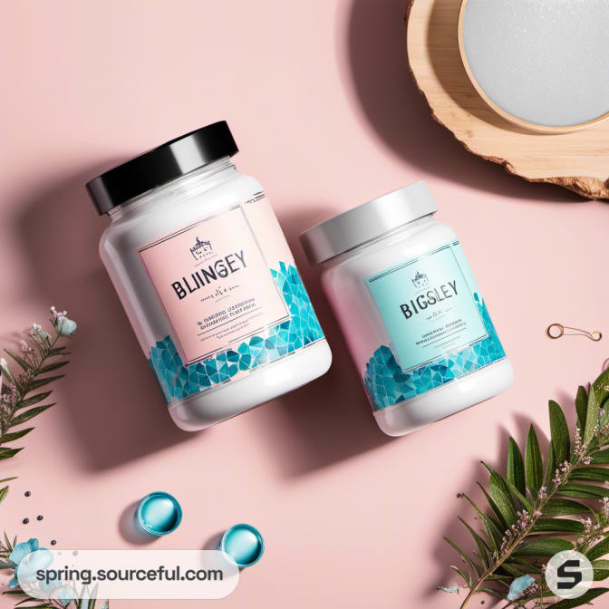 Two jars with pink and blue labels placed on a soft pink surface with foliage accents.