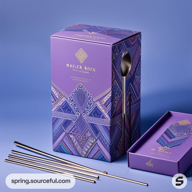 Purple mailer box with intricate patterns on a blue background, accompanied by metal straws and a spoon.