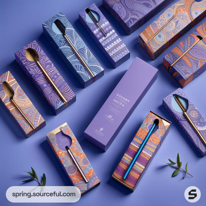 Colorful eco-friendly packaging with spoons, featuring intricate patterns and a central tall box.