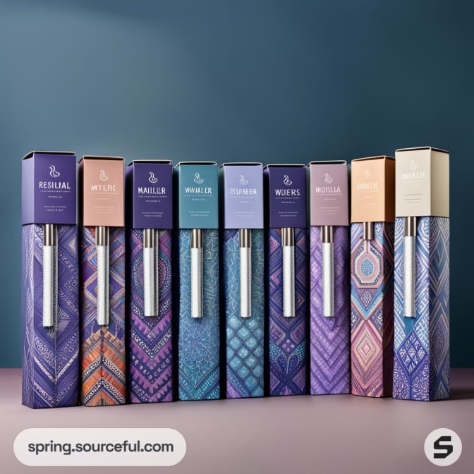 Colorful slim boxes with intricate geometric patterns holding rolled products against a teal background.