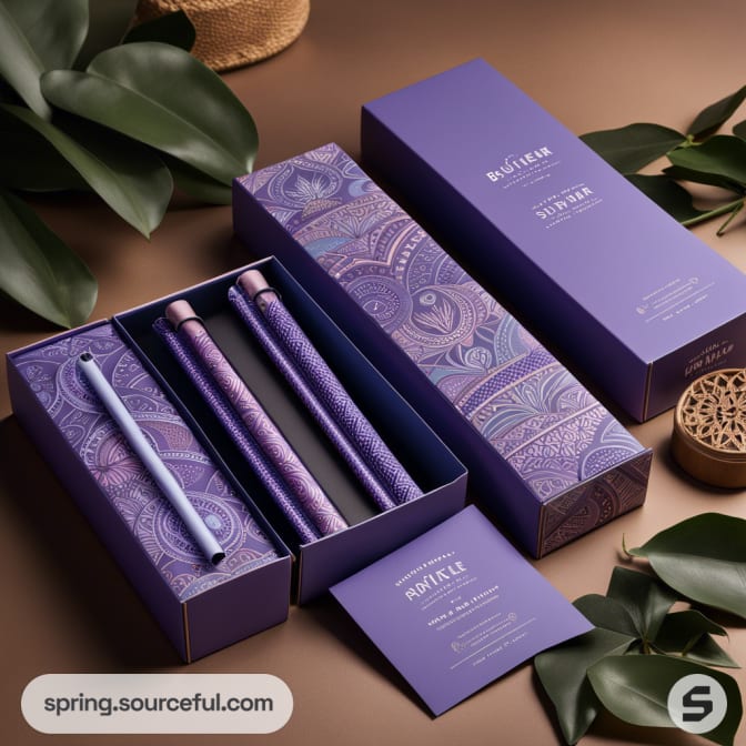 Purple ornate pen set in elegant boxes with intricate paisley patterns on a brown surface with green leaves.