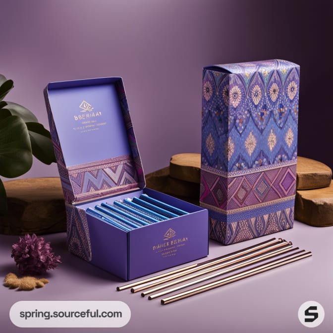 Elegantly patterned purple and blue boxes with metallic straws on a wooden and purple backdrop.