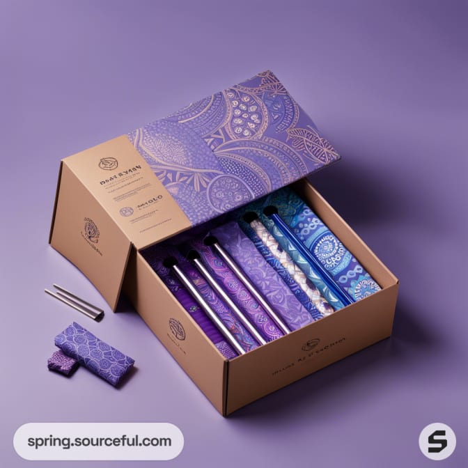 A cardboard display box with six patterned yoga mats in purple and blue.