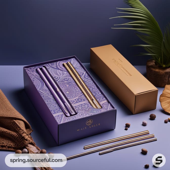 Elegant pen set with gold and silver pens in a decorative purple box with elegant patterns, beside a brown box.