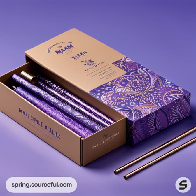 Purple and gold mandala-design pencil box with metal straws on a purple background.