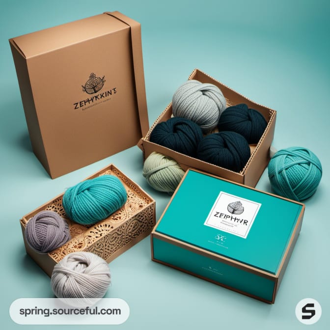 Yarn balls in teal and gray displayed in decorative boxes on a teal background.