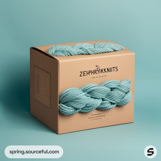 Turquoise yarn skein packaged in a brown box with a teal braid design.