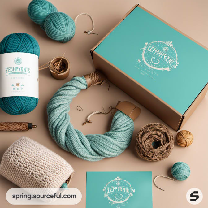 Knitting supplies with teal yarn and tools around a turquoise box.