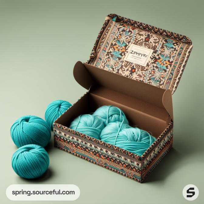 Teal yarn balls in an ornate patterned mailer box.