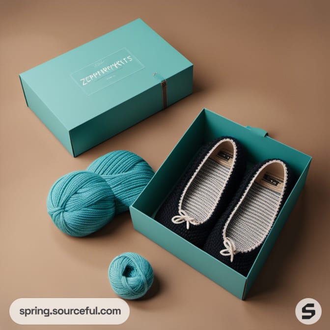 Teal yarn displayed with knitted slippers in a turquoise box.