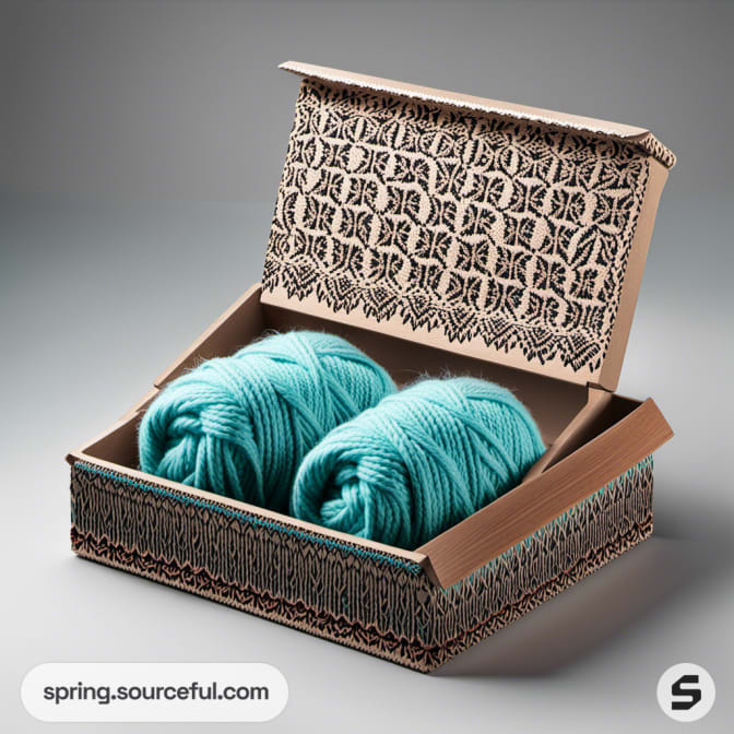 Two teal yarn skeins in a patterned mailer box.