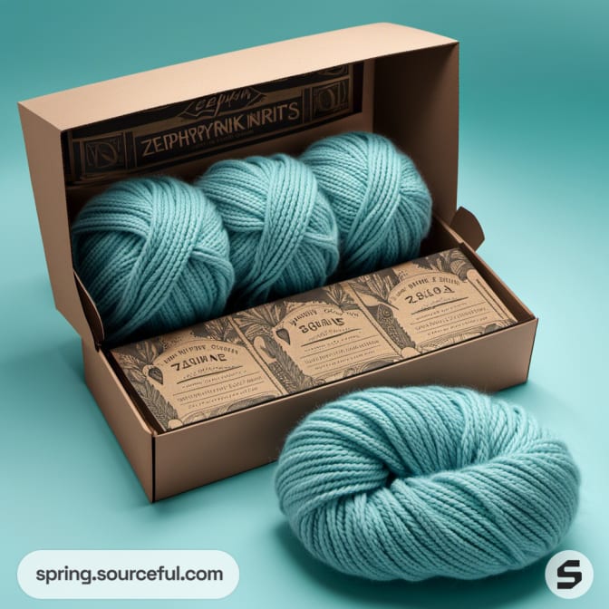 Three teal yarn skeins and matching yarn labels in a brown box.