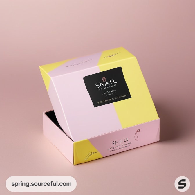 Pink and yellow skincare box on pink background.