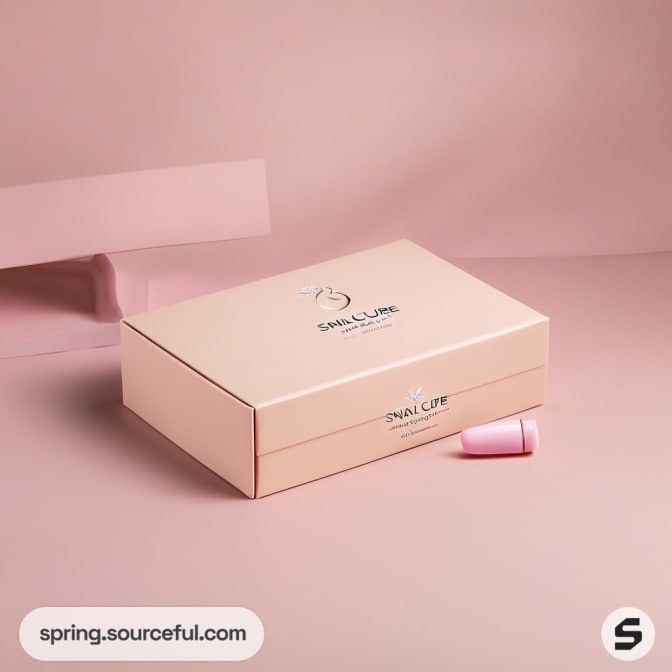 Large pink box with small pink container on pink backdrop.