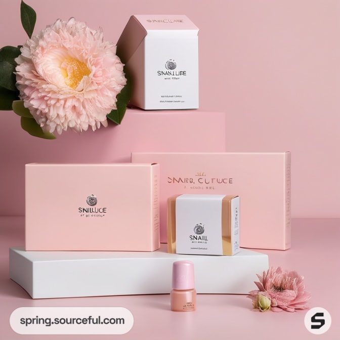 Various pink and white skincare boxes with flowers.