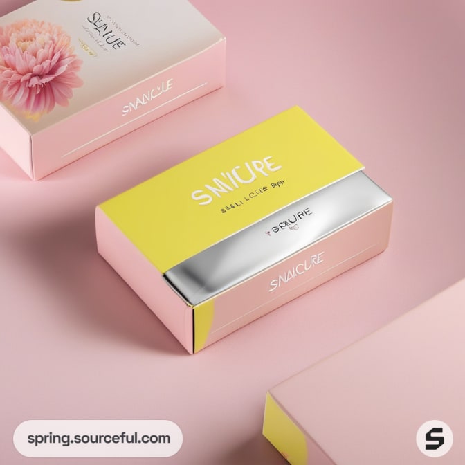 Yellow and pink box with product partially visible.