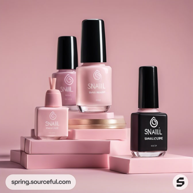 Multiple pink nail polish bottles on pink boxes.