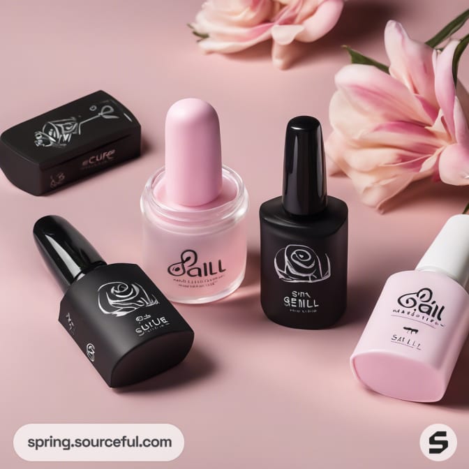 Close-up of four nail polish bottles on pink surface.