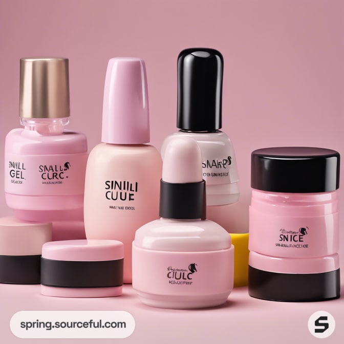 Assorted skincare bottles and jars in pink tones.