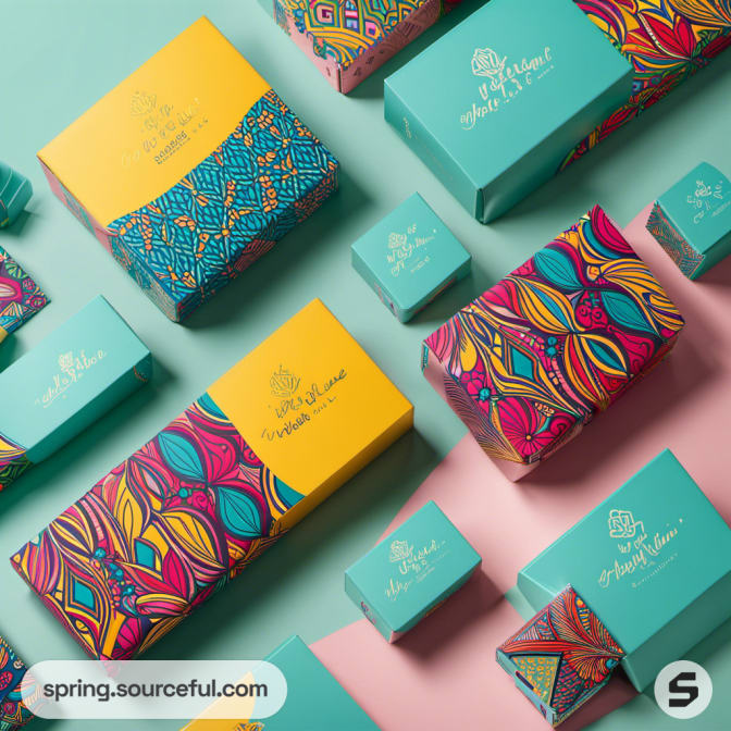 Teal and yellow packaging with intricate colorful patterns on boxes.