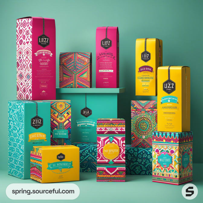 Brightly colored boxes with bold geometric patterns on a teal background.