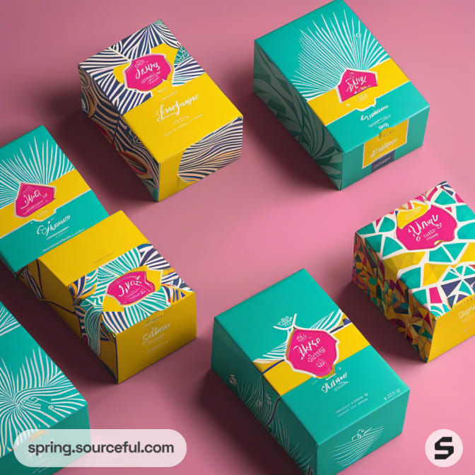 Teal and yellow boxes with abstract designs on a pink surface.