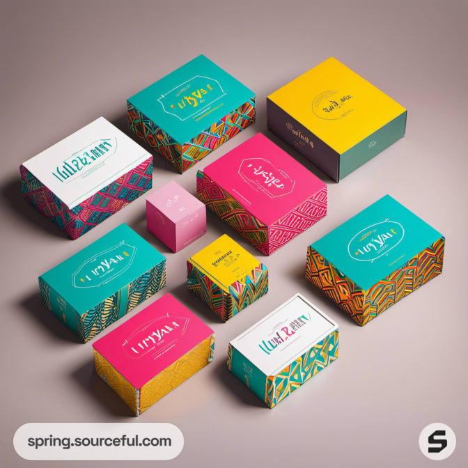 Assorted colorful boxes with geometric designs on a neutral background.