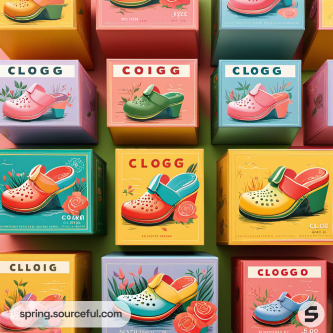 Colorful shoe packaging boxes with illustrated clogs in various hues.