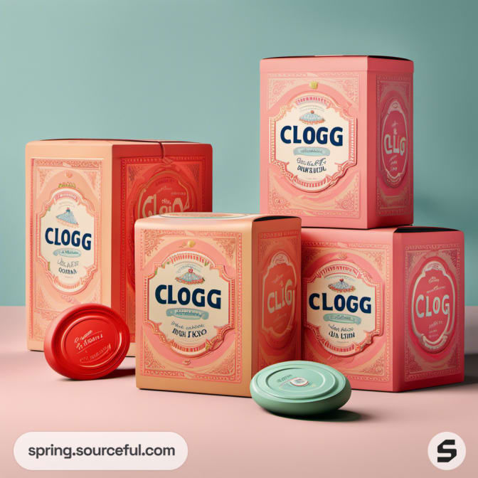 Pastel-colored boxes with decorative 'CLOGG' branding.