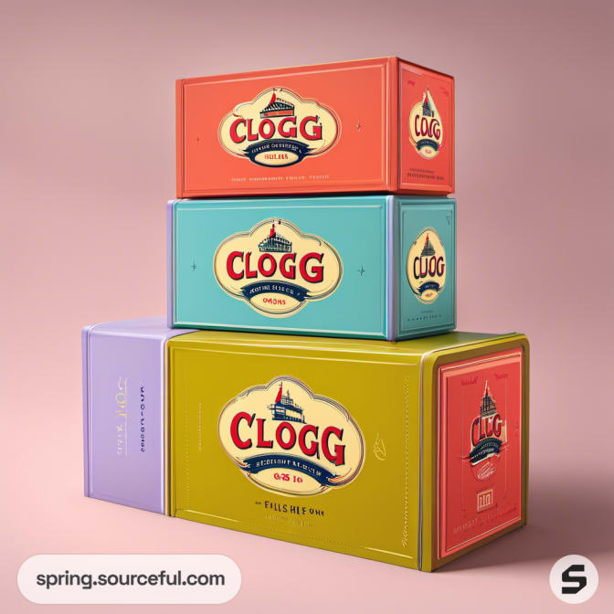 Stacked boxes with vintage 'CLOGG' designs in bold colors.