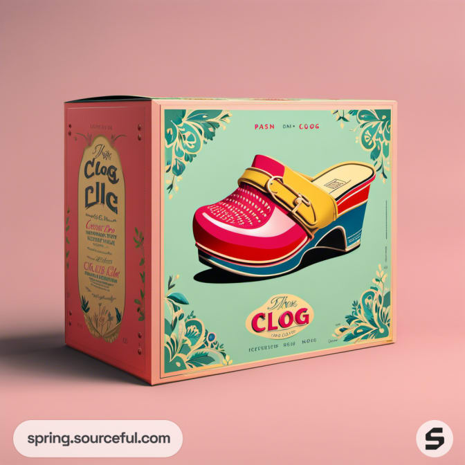 Retro-themed shoe box featuring colorful clog illustration.