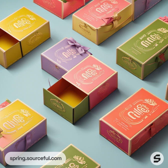 Drawer-style boxes in pastel colors with elegant decorative elements.