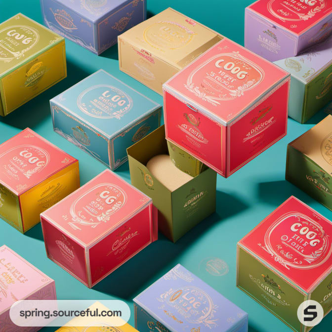 Bright multi-colored drawer boxes with intricate patterns.